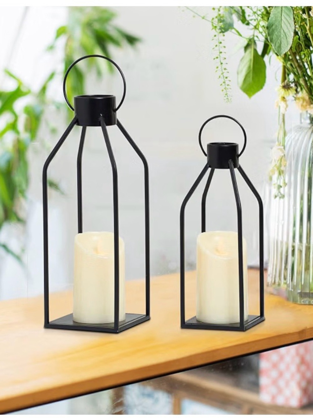 Black Metal Lantern Candle Holders - Set of 2 - Picture 2 of 4